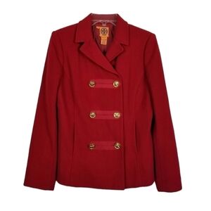 Tory Burch Callum Military Double Breasted Pea Coat Wool Blend Gold Star Red 10
